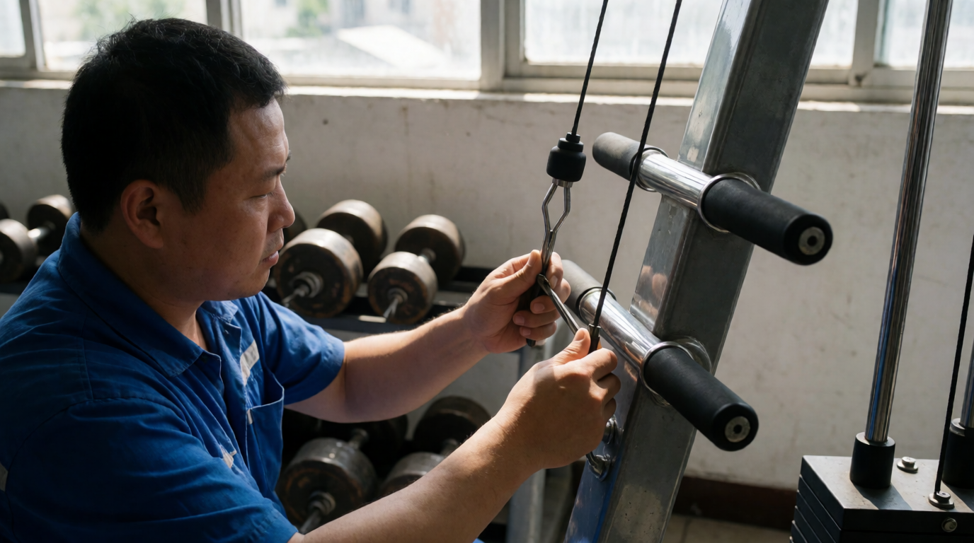 Técnico realizando manutenção em equipamento de academia