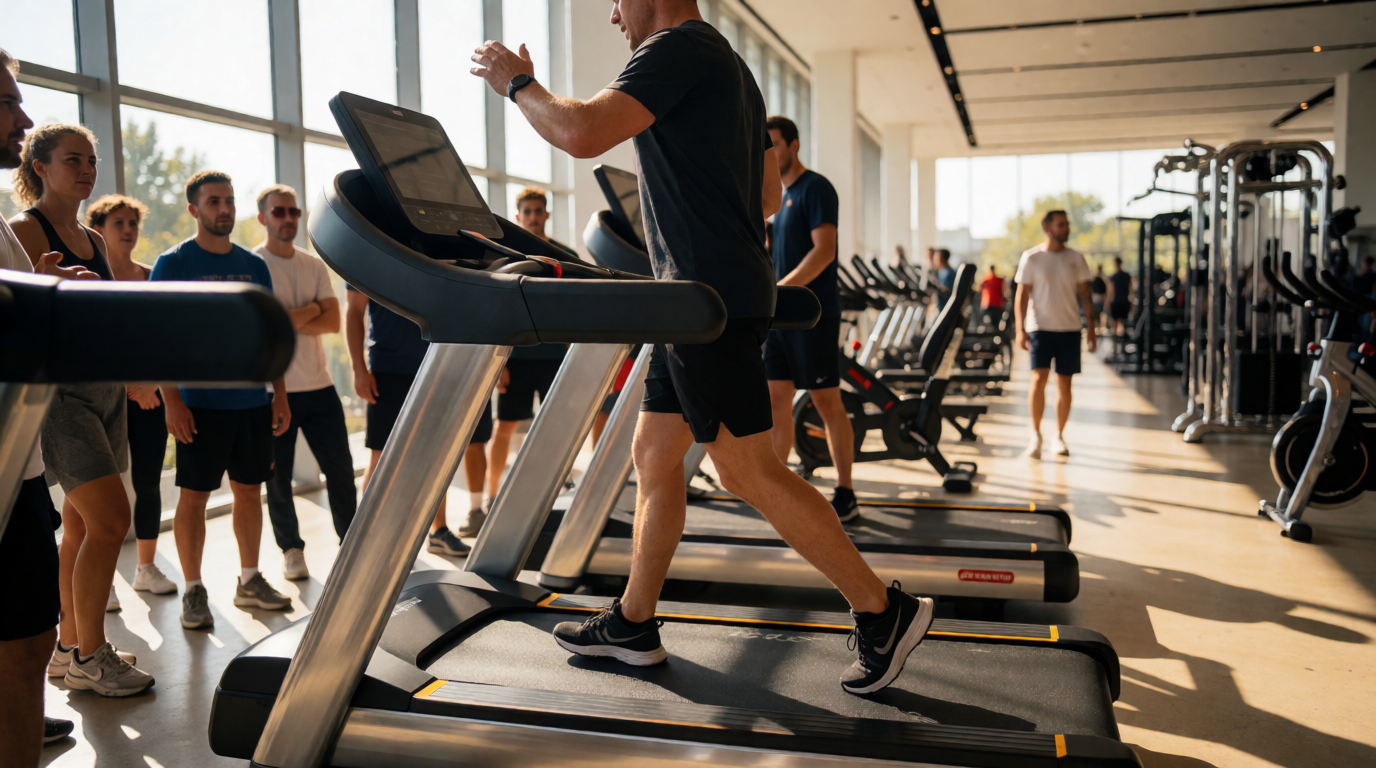 Feira de fitness com demonstração de equipamentos profissionais