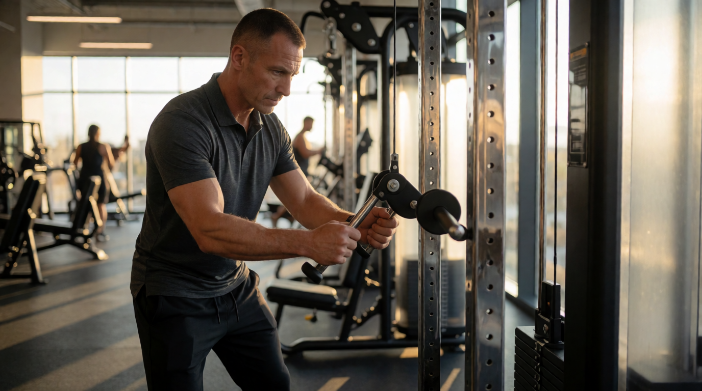 Proprietário de academia avaliando qualidade de equipamentos fitness