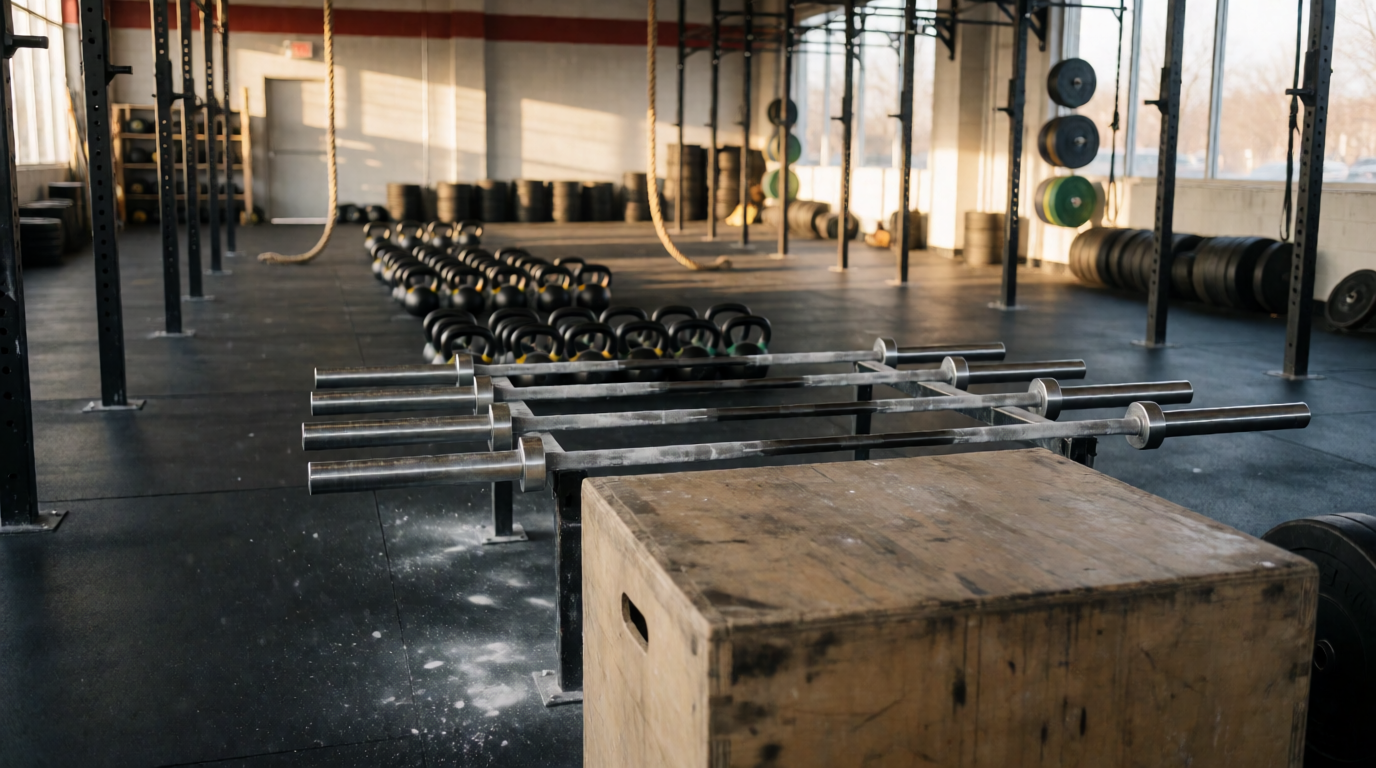 Box de Crossfit com equipamentos organizados para treino funcional