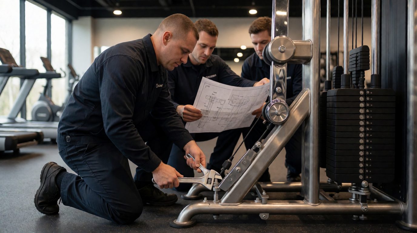 Técnicos especializados instalando equipamentos de força em academia