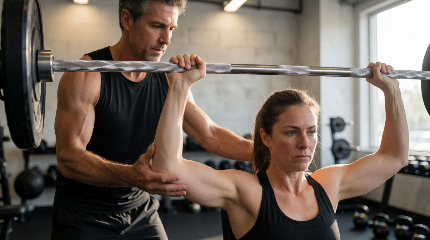 Professor ajustando shoulder press Lion Fitness para aluno em Sorocaba
