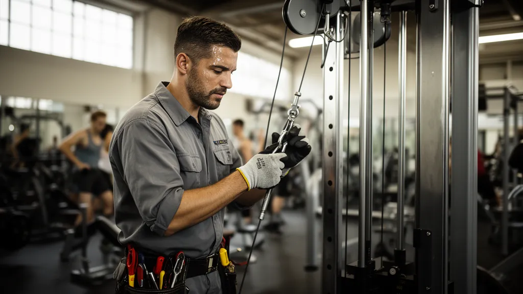 Técnico realizando manutenção em equipamentos de academia