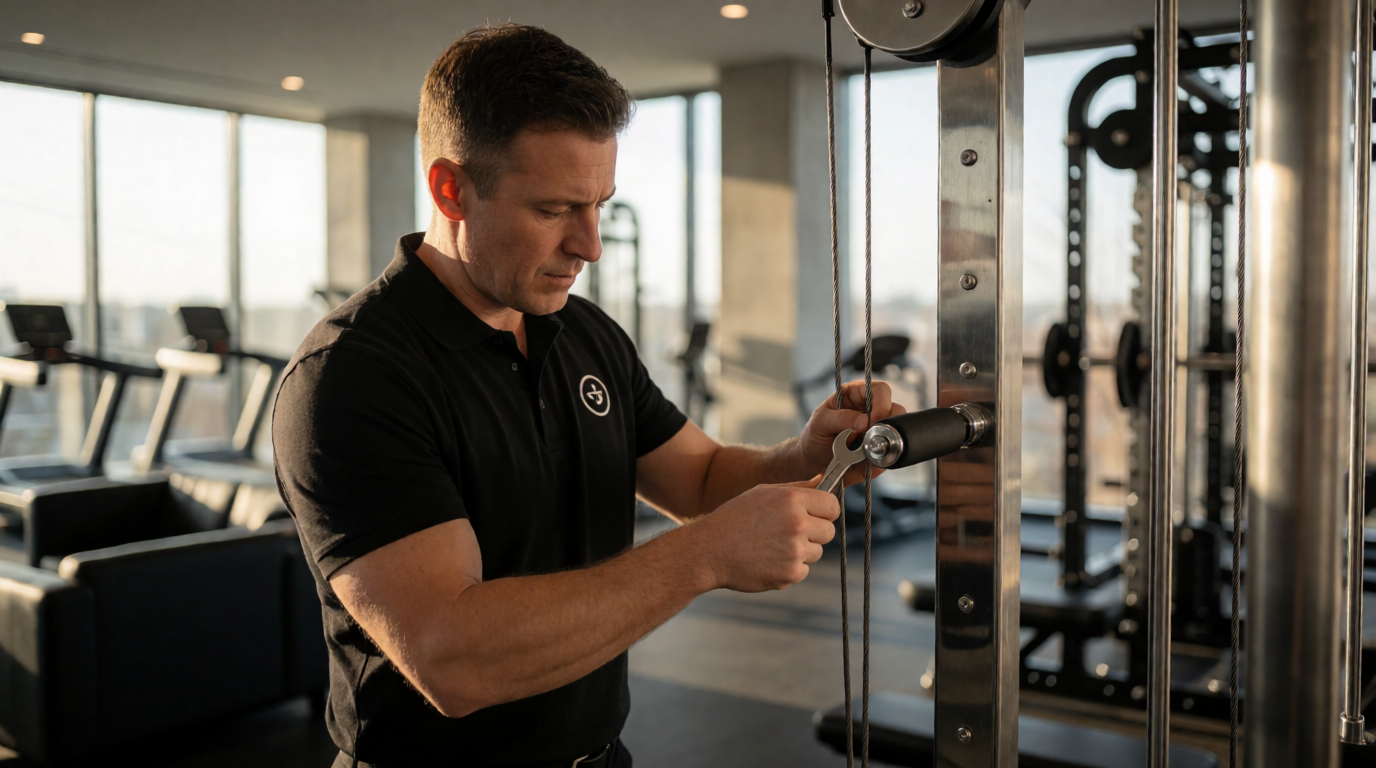 Técnico realizando manutenção em linha de musculação profissional