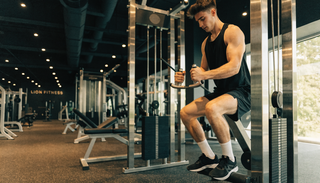 Young woman using gym equipment for strength training in a modern fitness facility.