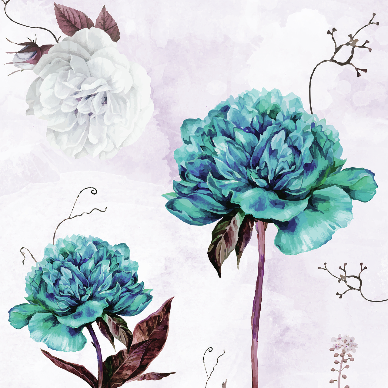 floral painting, flowers, nature, painting, blue and white flowers, beautiful flowers, watercolor painting, bloom, blossom, flower wallpaper, flora, botany, plants, digital painting, flower background, artwork, digital artwork