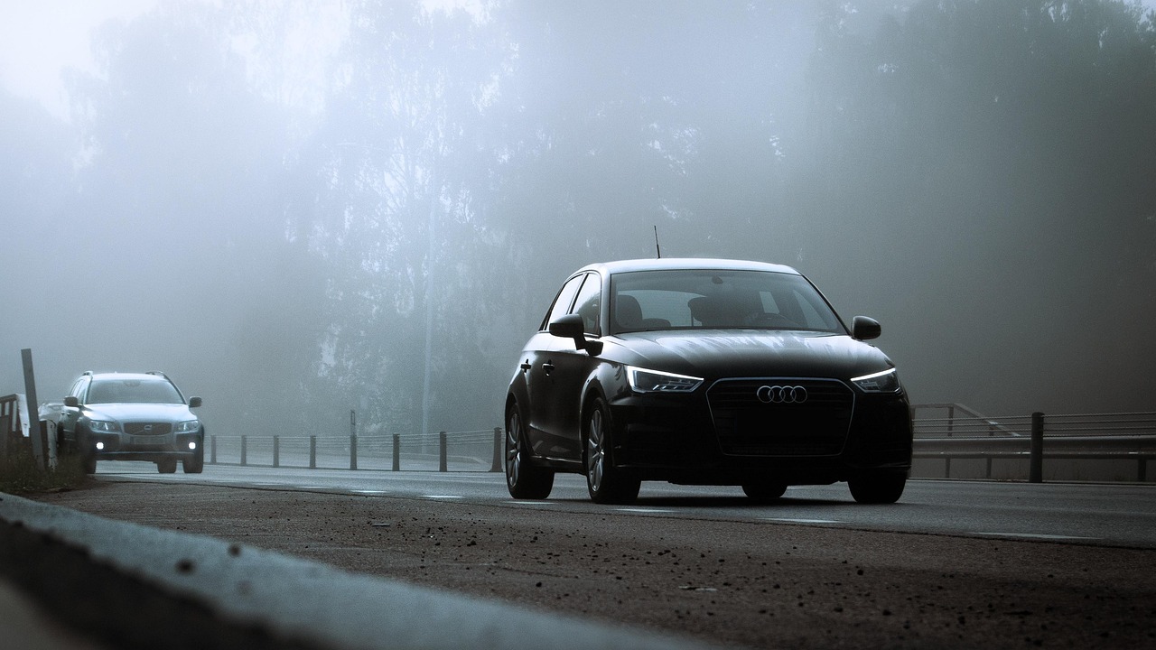 fog, traffic, cars, audi, autumn, spooky, road, foggy, mist
