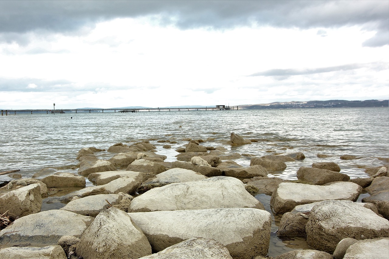 lake, riverbank, stones, water, wide angle, landscape, nature