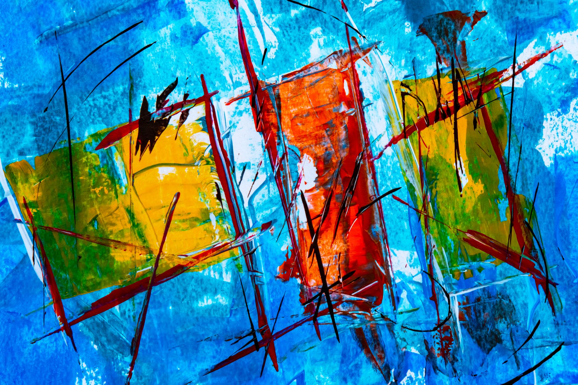 Dynamic abstract painting with vibrant colors and bold brushstrokes creating an energetic composition.