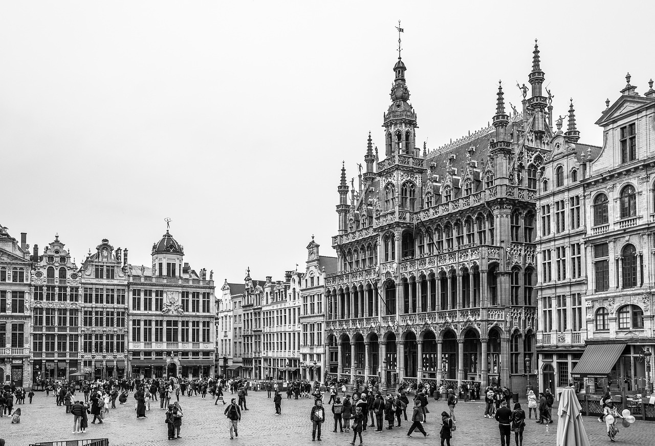 great place, large market, facade, brussels, belgium, city, europe, capital city, capital of europe, eu, european union, historic centre, urban, downtown, belgian, maison du roi, hatchery, black and white, bruxelles, historic center, town hall tower