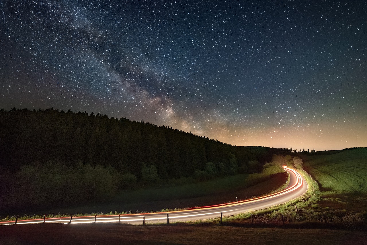 night, milky way, road, light traces, starry sky, automobile, ride, nature, headlights, dark, long exposure, mountains, landscape, galaxy, traffic, astro, light trail, night photography, night sky