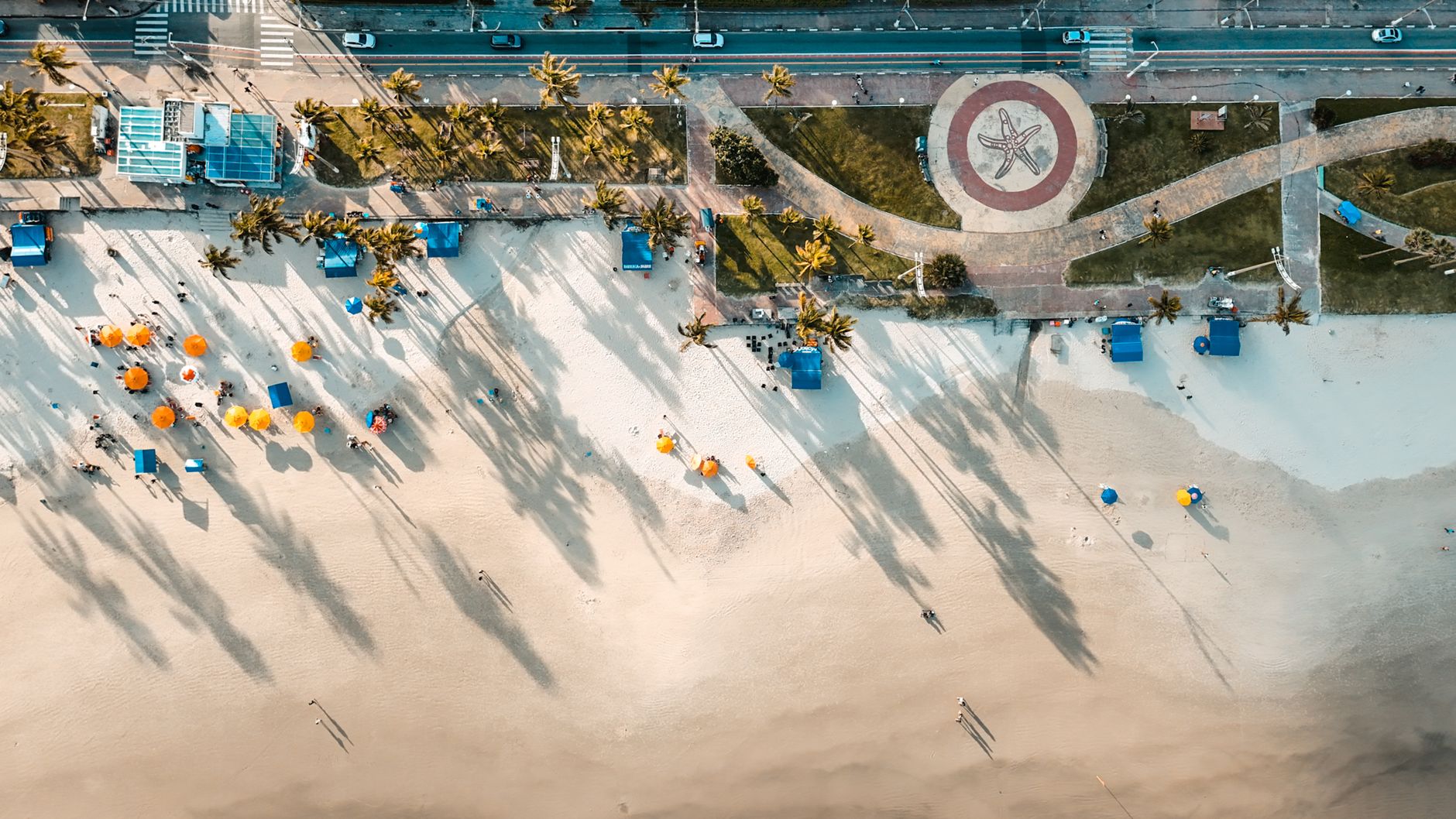Stunning aerial beach view with vibrant umbrellas casting long shadows on the sand.