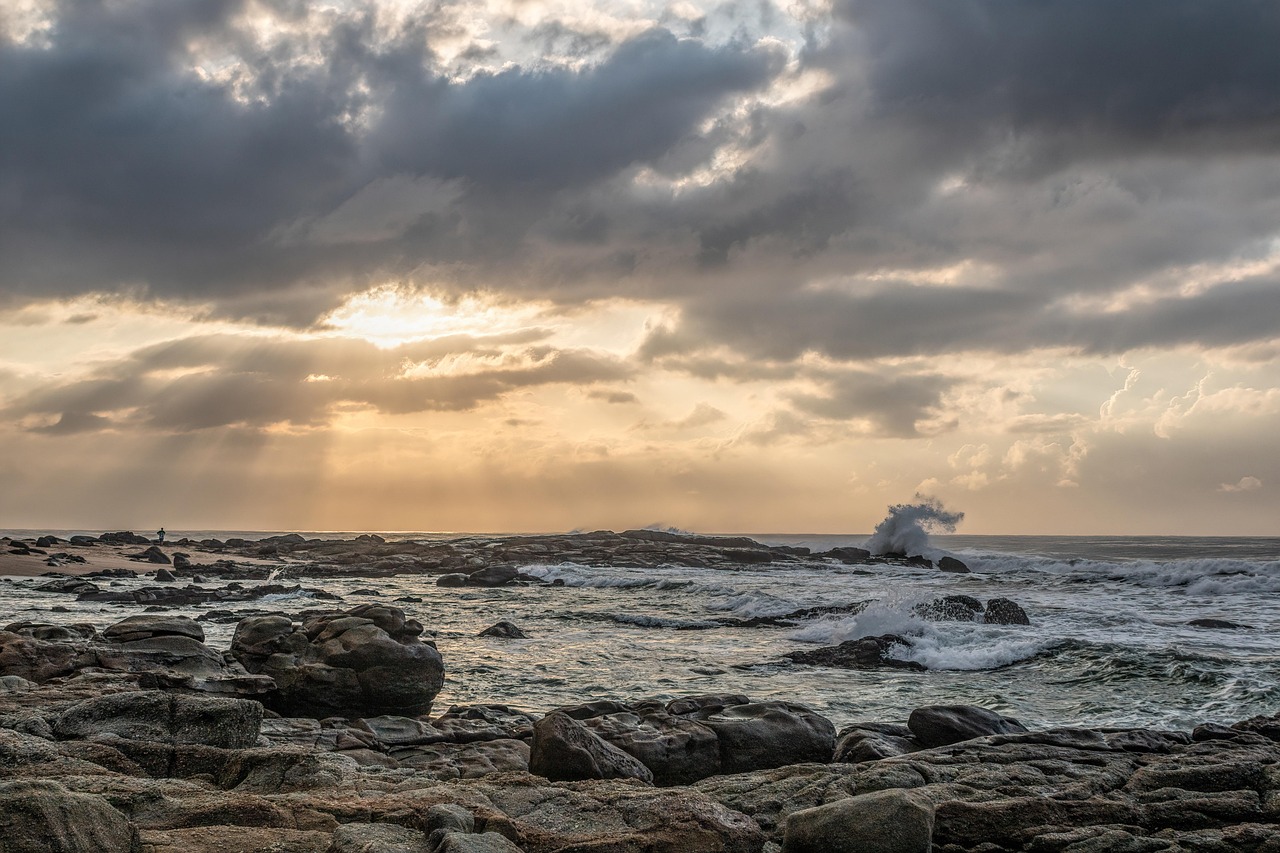 ocean, waves, rocks, nature, sunrise, shadbay, margate, kwazulu-natal, south africa, clouds, water