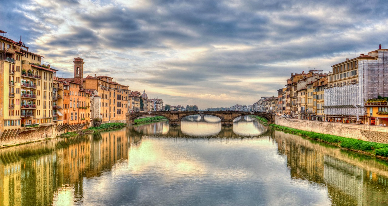 arno river, bridge, buildings, architecture, river, water, reflection, mirroring, water reflection, florence, italy, mediterranean, europe, landmark, nature, historic