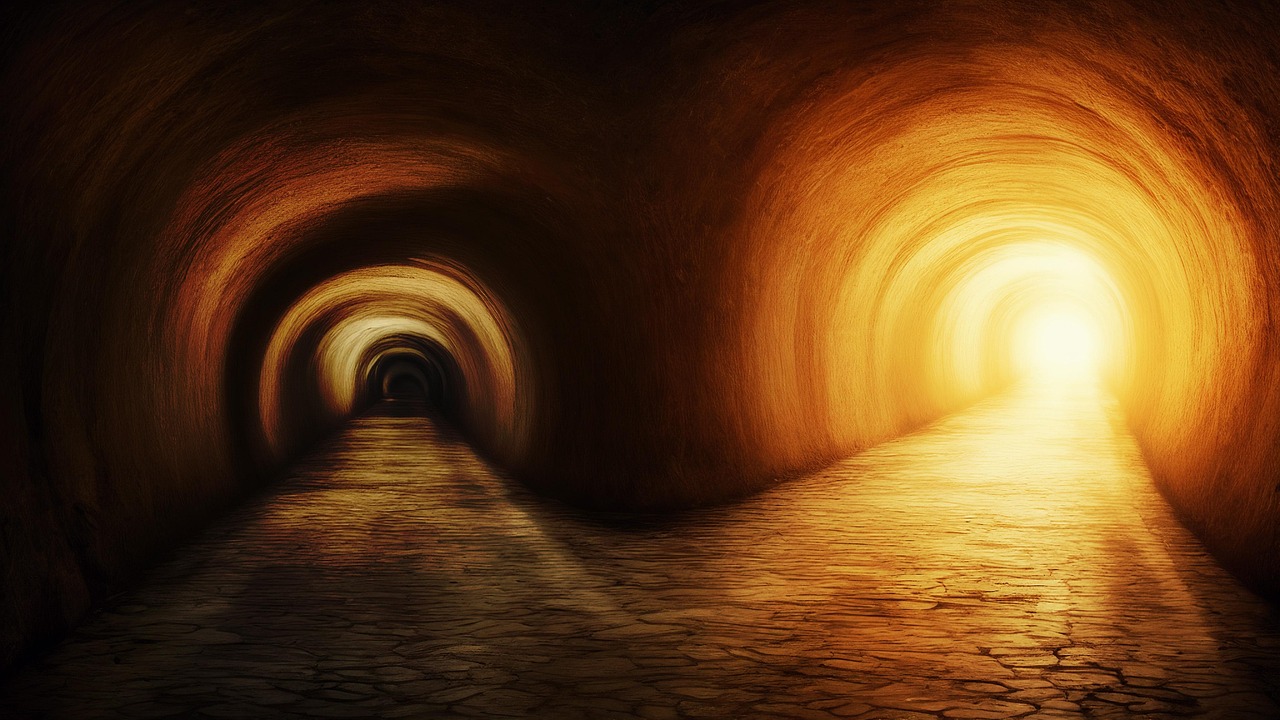 tunnel, dark, light, shine, heaven, hell, scary, hope, hd wallpaper, faith, fantasy, digital art, ai, opposite, directions, desktop wallpaper, halloween