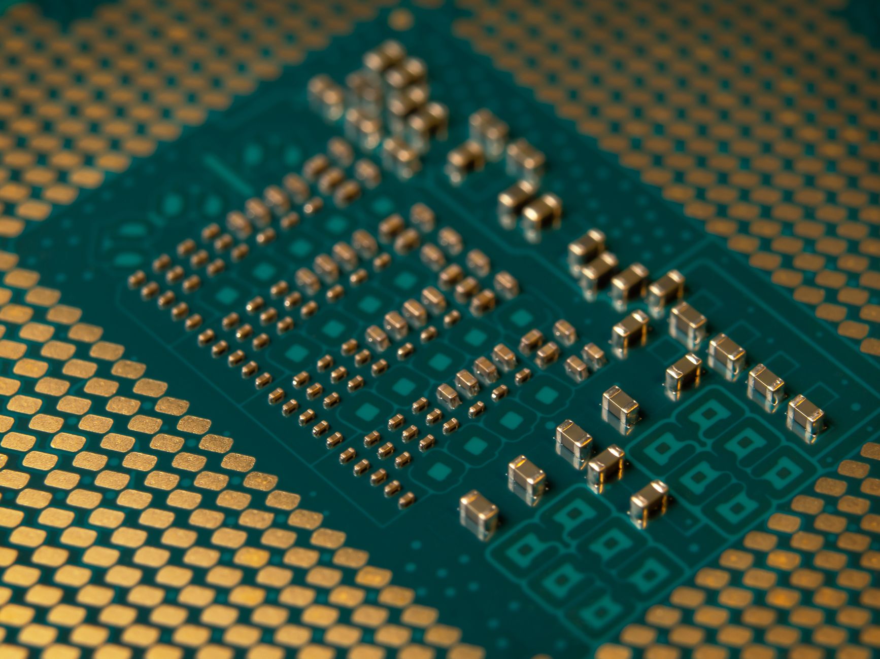 Detailed close-up of a microprocessor circuit board showcasing intricate circuitry and components.