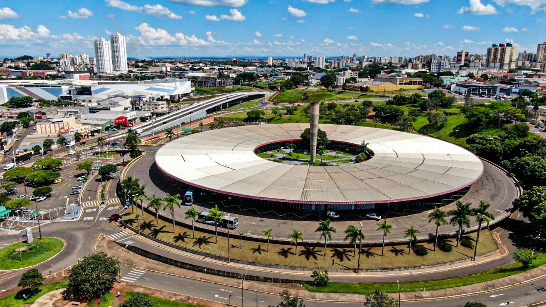 A stunning aerial shot of Londrina, Brazil capturing the iconic round architecture and vibrant cityscape.