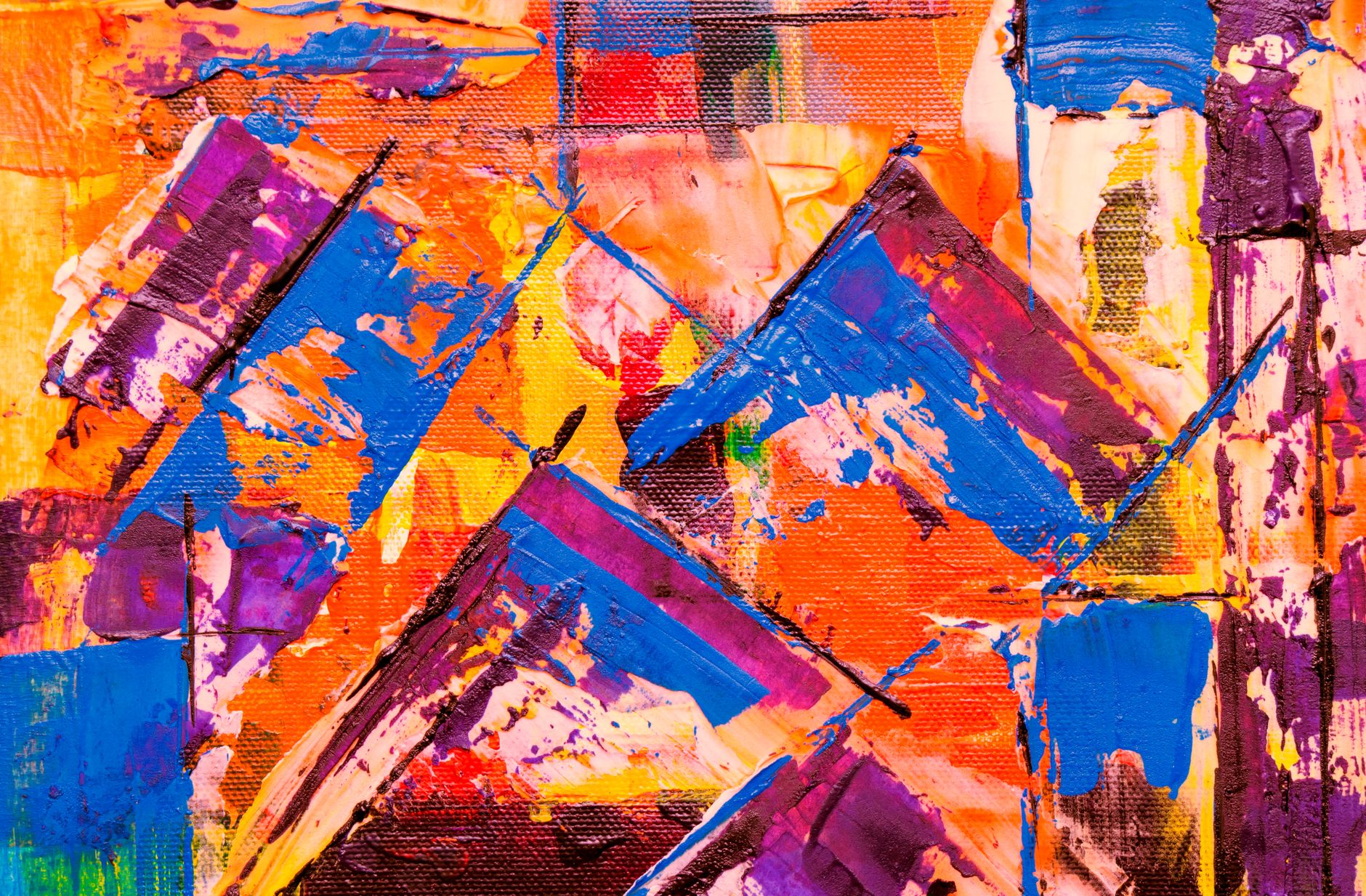 Dynamic abstract acrylic painting with vivid colors and geometric shapes.
