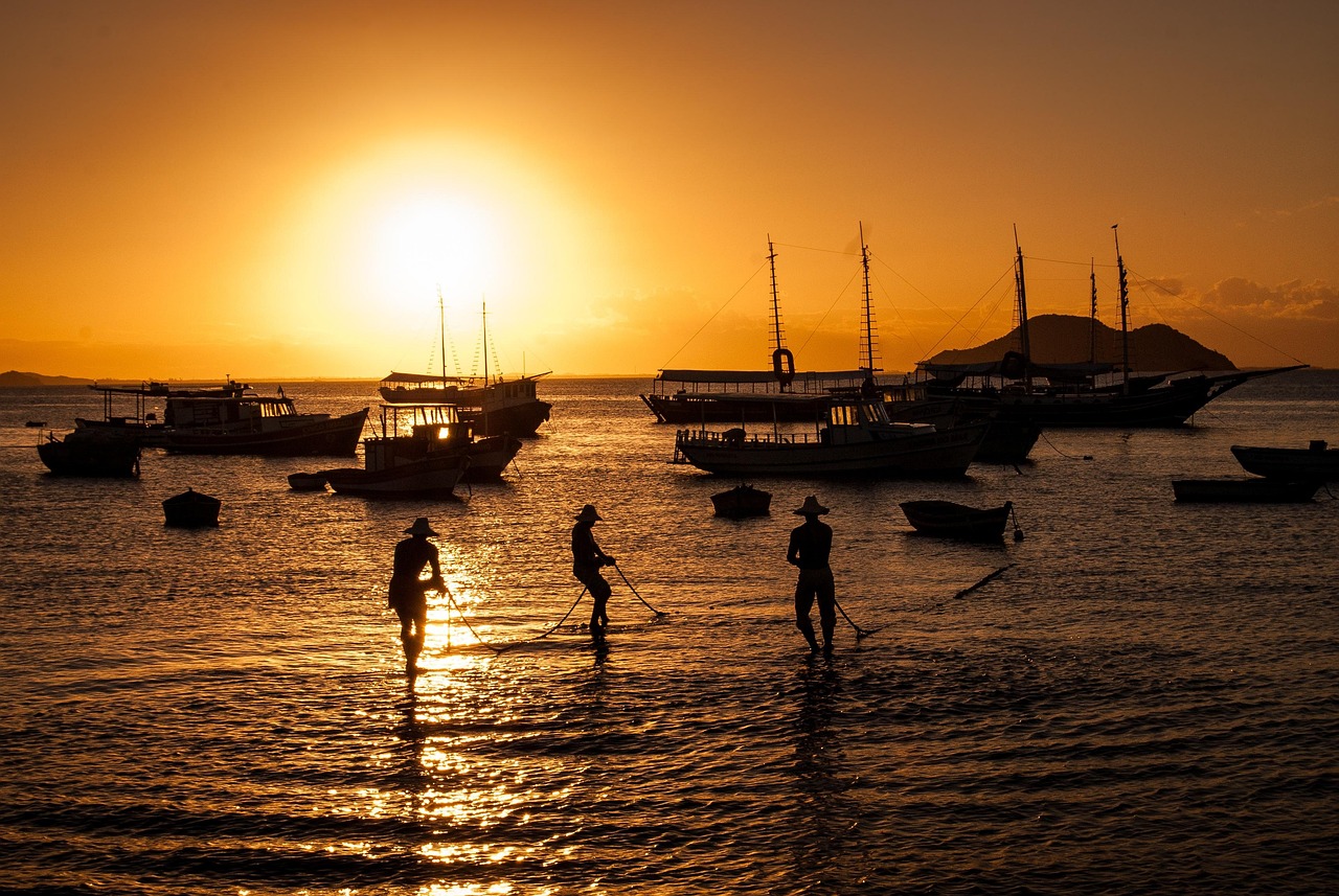 sunset, brazil, beach, fisher, brasil, ocean, nature, silhouette