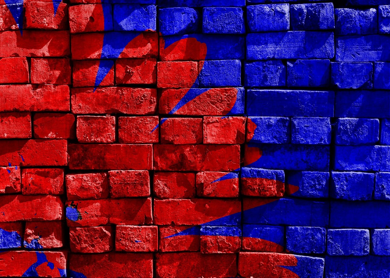 blue, red, painted, brick, wall, artwork, hd wallpaper, art, decoration, painted wall, digital manipulation, photo art, cool wallpaper