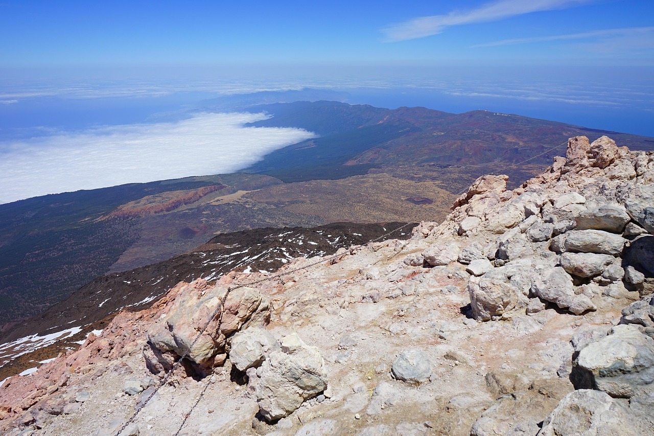 teide, nature, pico del teide, summit, summit ridge, path, outlook, fog, clouds, trail, crater, volcano, stratovolcano, lava field, volcanic, teyde, teide national park, tenerife, canary islands, mirador de la fortaleza, la fortaleza, fortaleza