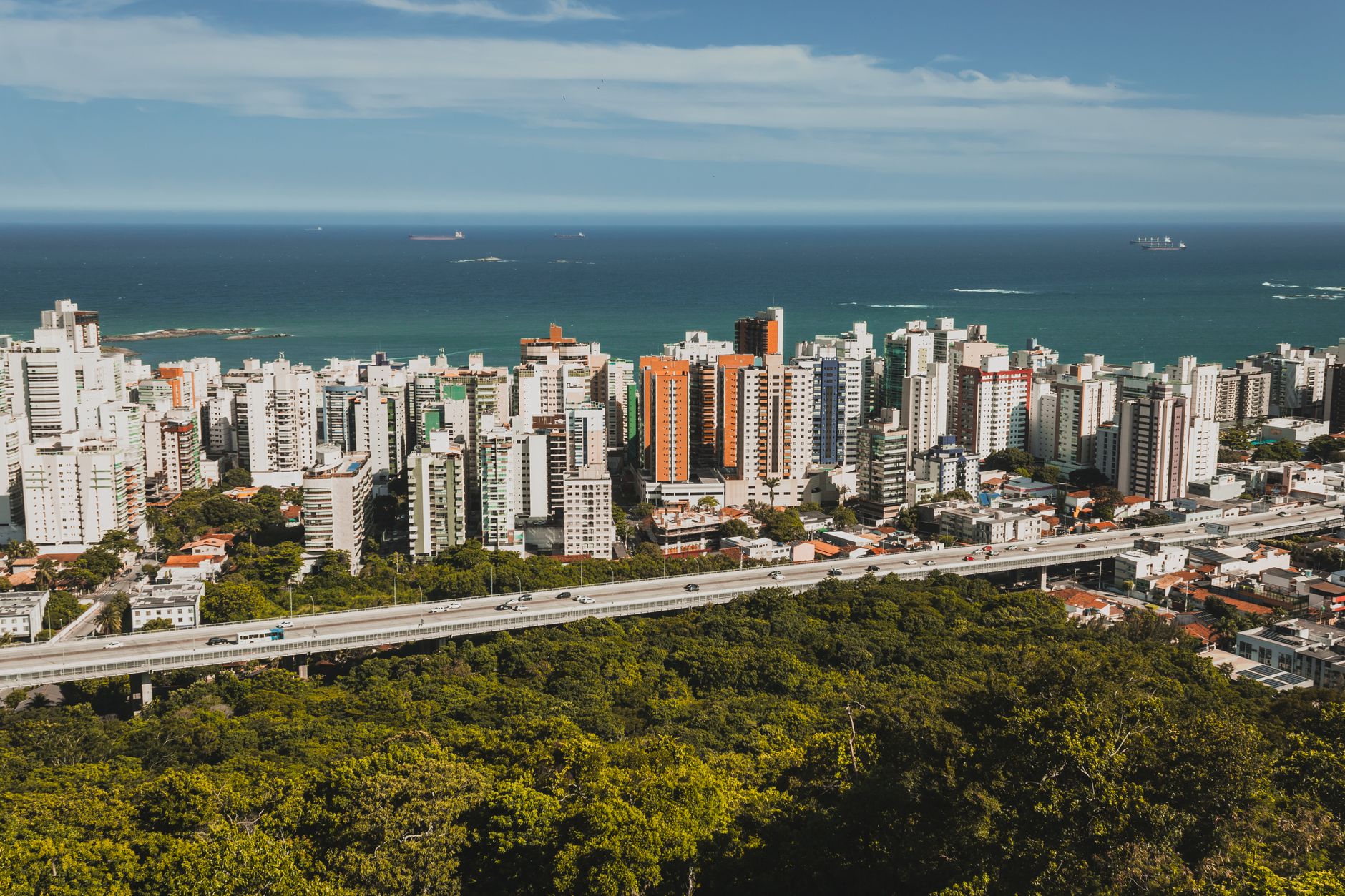 A vibrant city skyline with buildings by the ocean under a clear blue sky.
