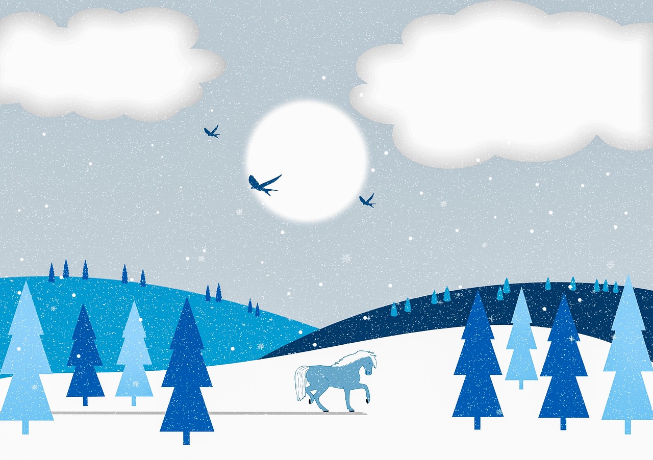 winter, snow, horse, hd wallpaper, stallion, trees, nature wallpaper, sun, nature background, clouds, vector graphic, drawing, birds, nature, beautiful nature, forest