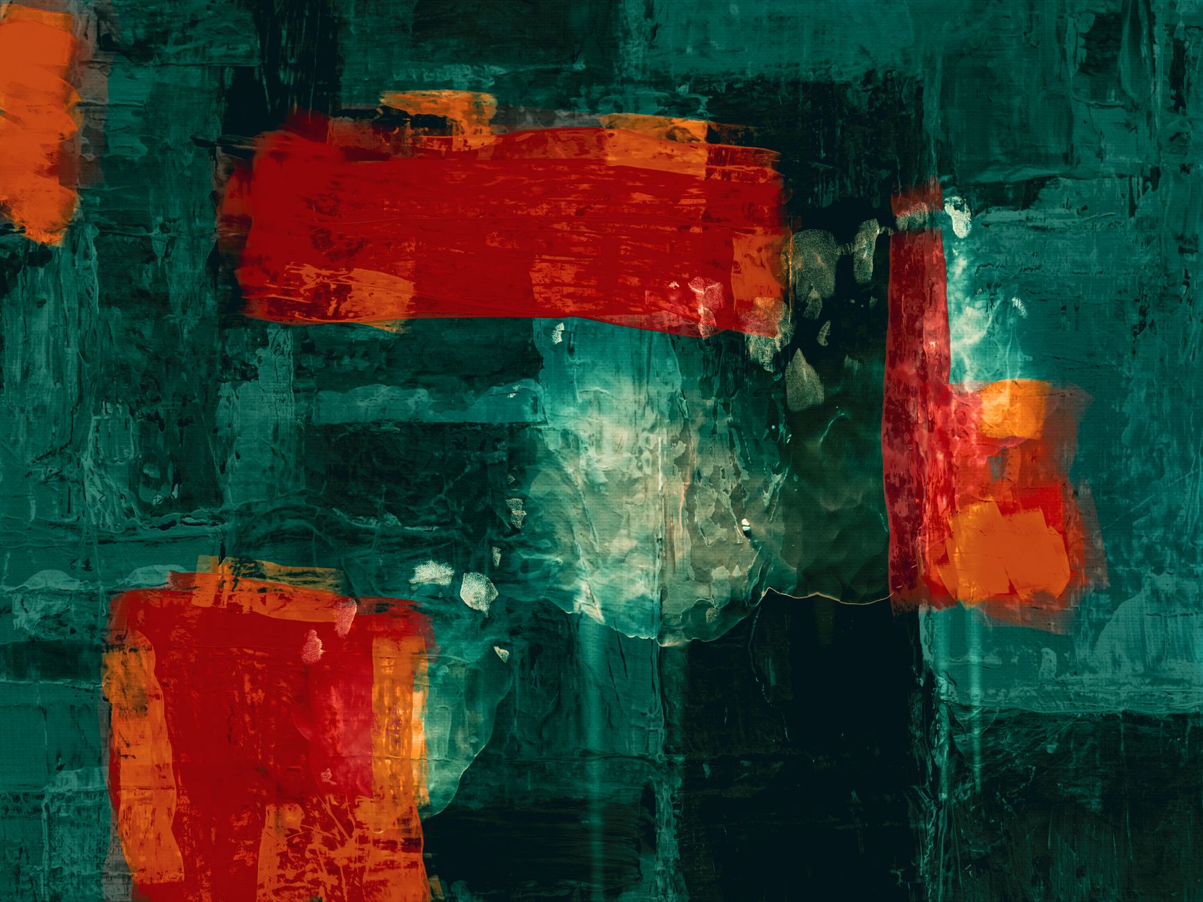 Dynamic abstract expressionism with bold teal and red strokes for modern art decor.