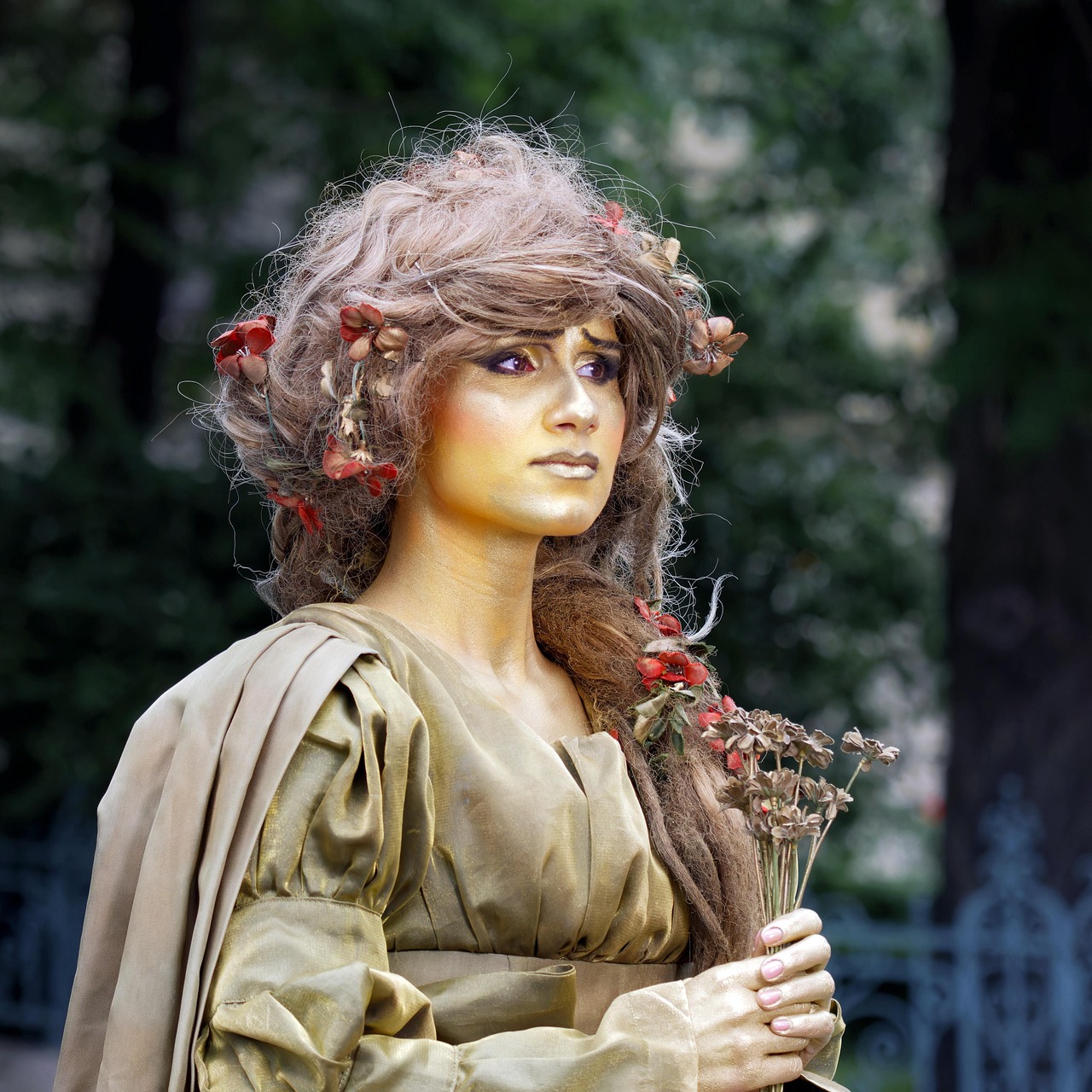 woman, flower background, flower wallpaper, nature, actress, costumes, vintage, character, hairstyle, makeup, beautiful flowers, flowers, outdoors, show, eventos