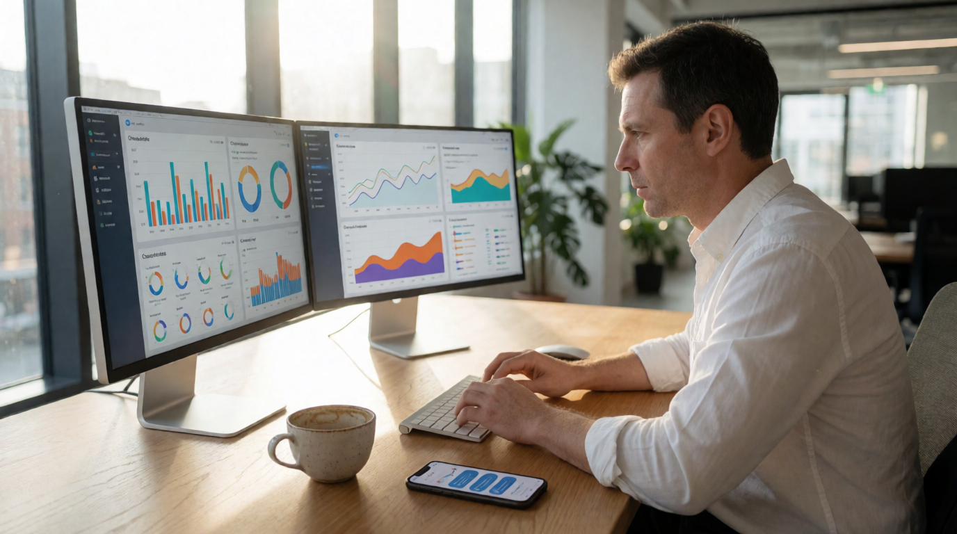 Profissional de marketing digital analisando gráficos de métricas de conversão