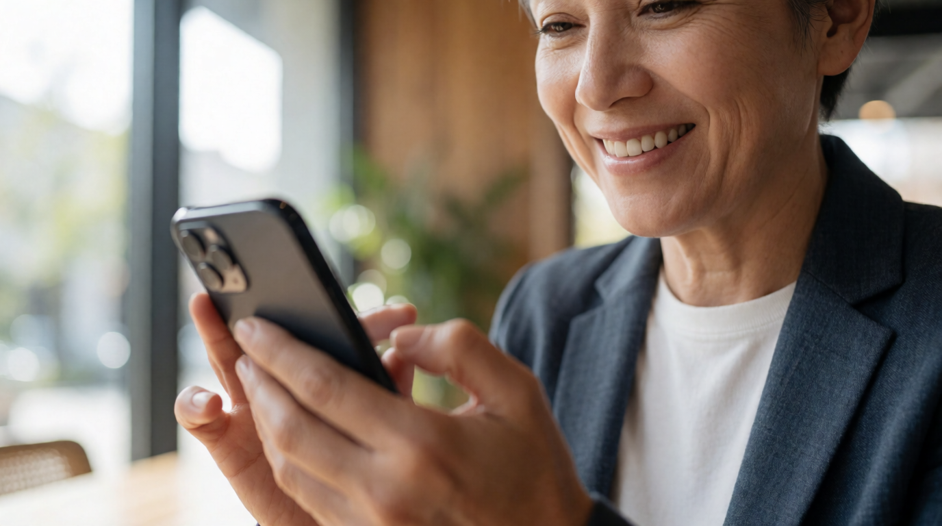 Empresário feliz analisando resultados de campanha no celular
