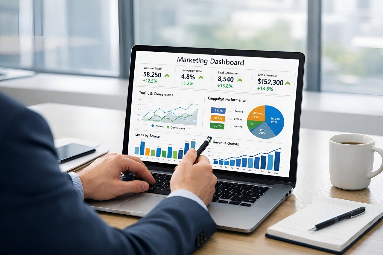 Empresário sorocabano analisando dashboard de Google Ads