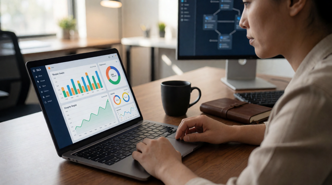 Consultor profissional analisando dados de SEO em tela