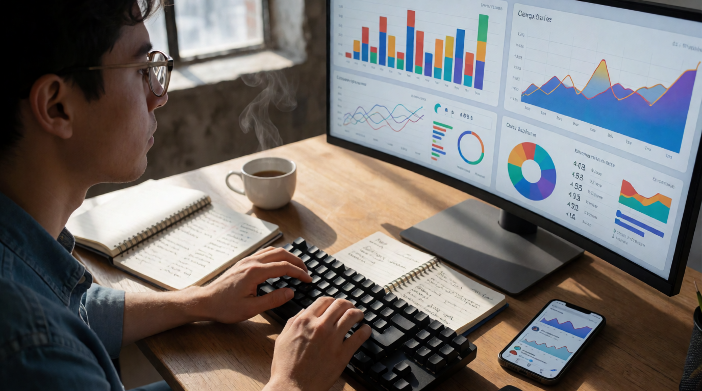Especialista em marketing digital analisando métricas de anúncios em uma tela de computador