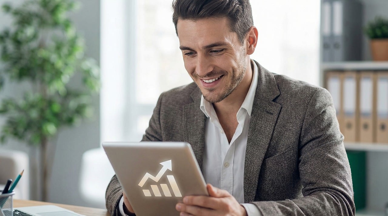 business growth, success, businessman, digital tablet, financial data, market analysis, positive trend, investment, corporate strategy, professional man, happy executive, data visualization, office environment, technology, achievement, progress, profit, modern workspace, smart device, upward arrow, bar chart, financial success, smiling man, ai generated
