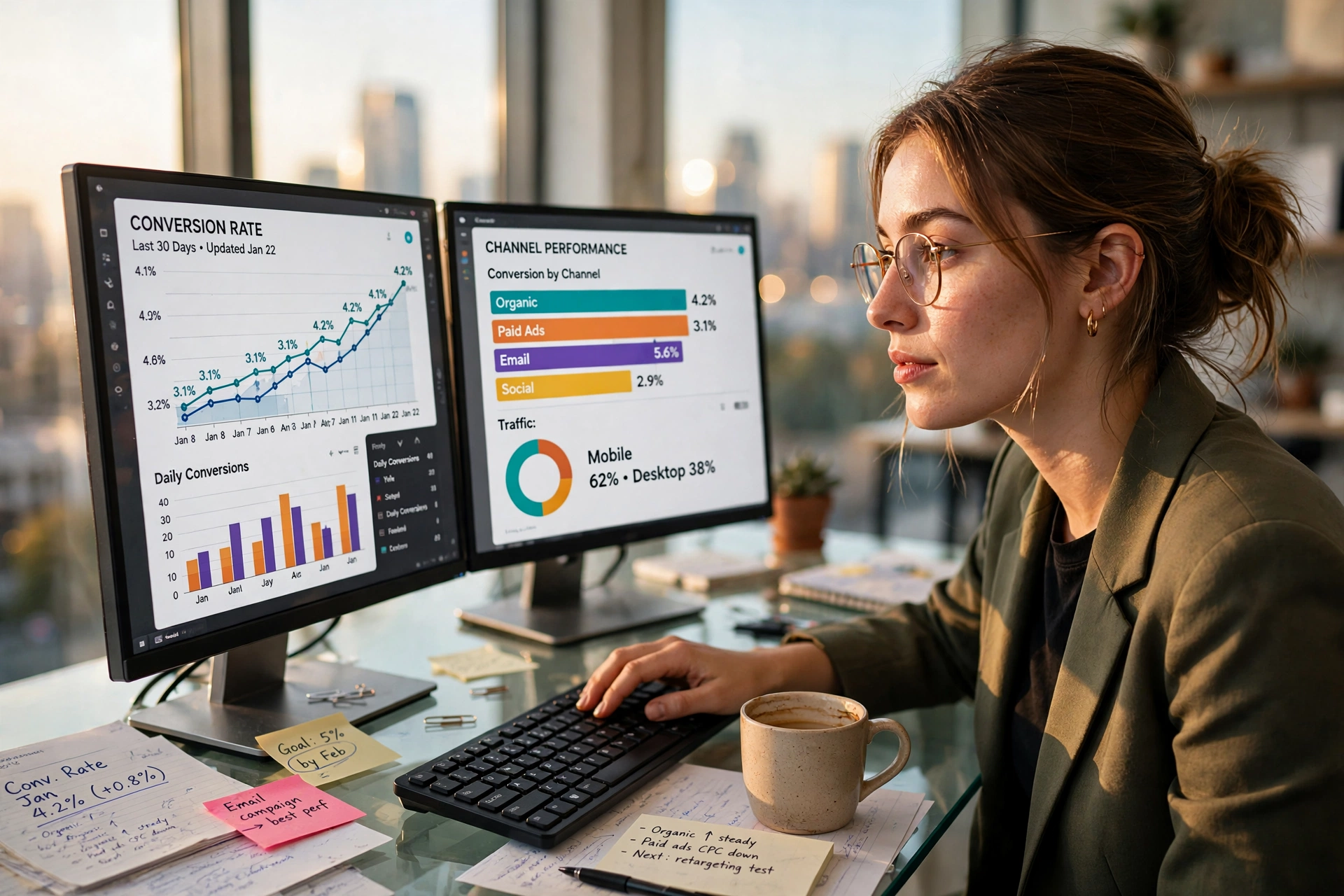 Analista de marketing analisando gráficos de taxa de conversão e ROI