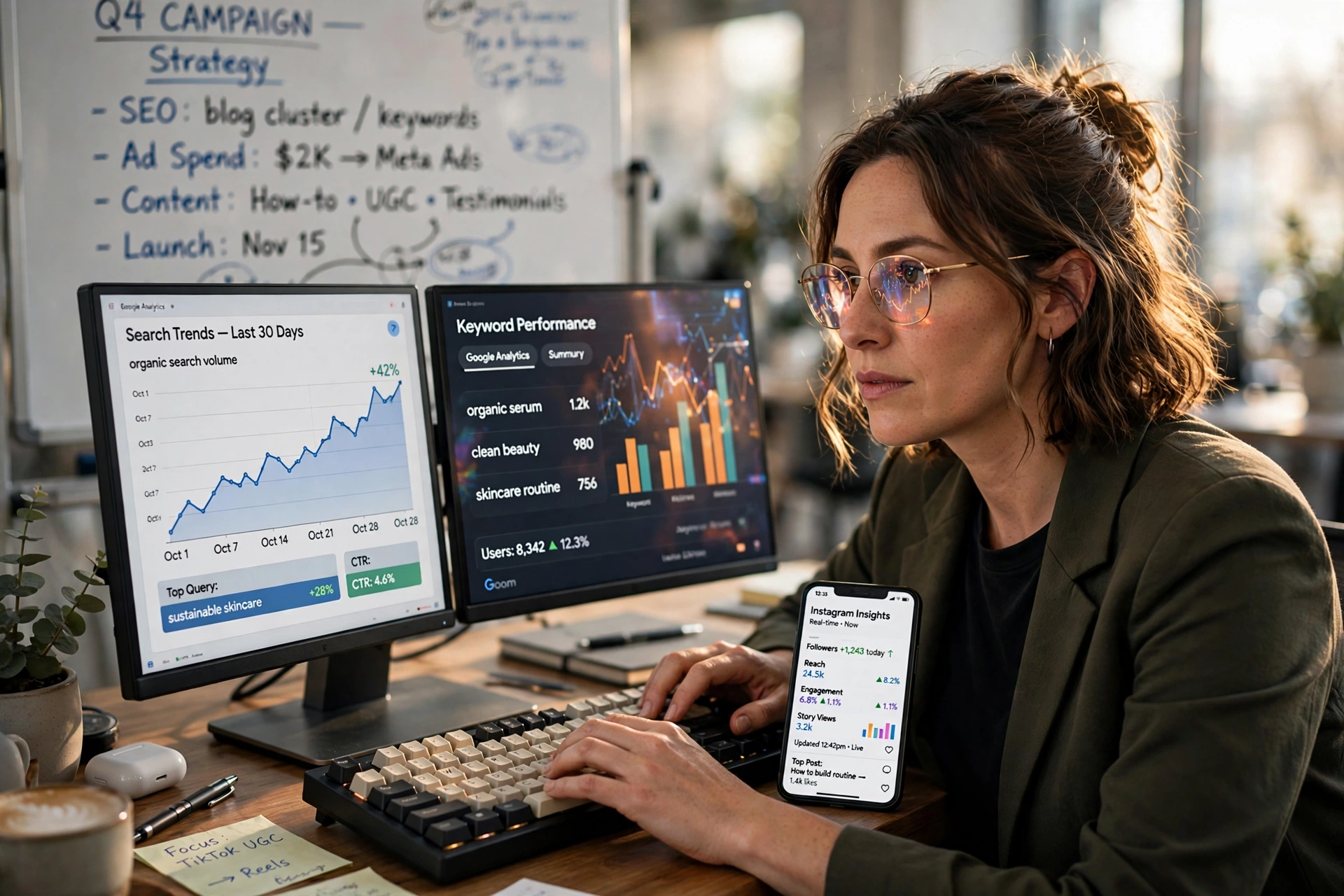 Especialista em marketing digital analisando tendências de busca no computador