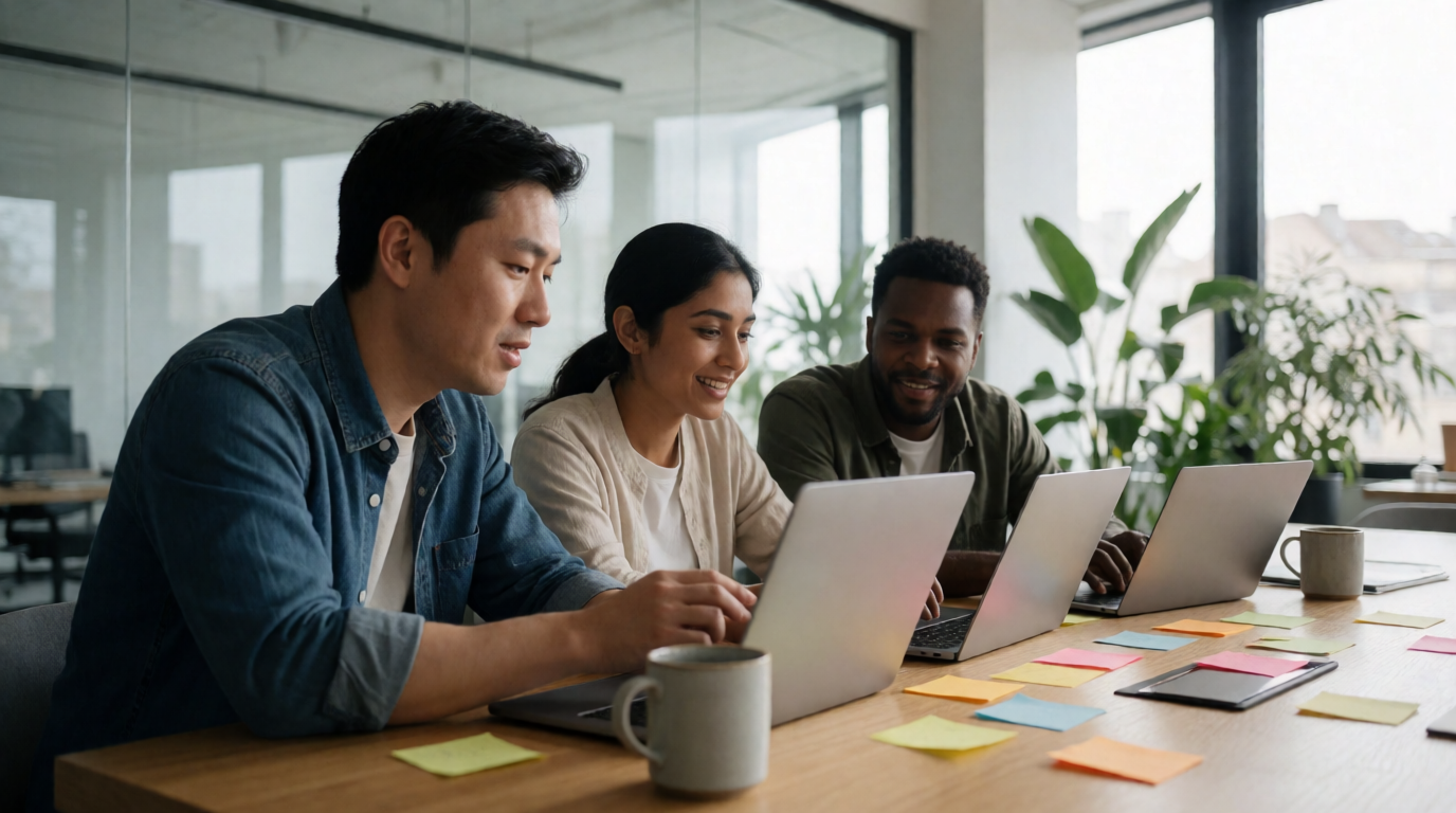 Equipe analisando métricas de SEO em painel de dados