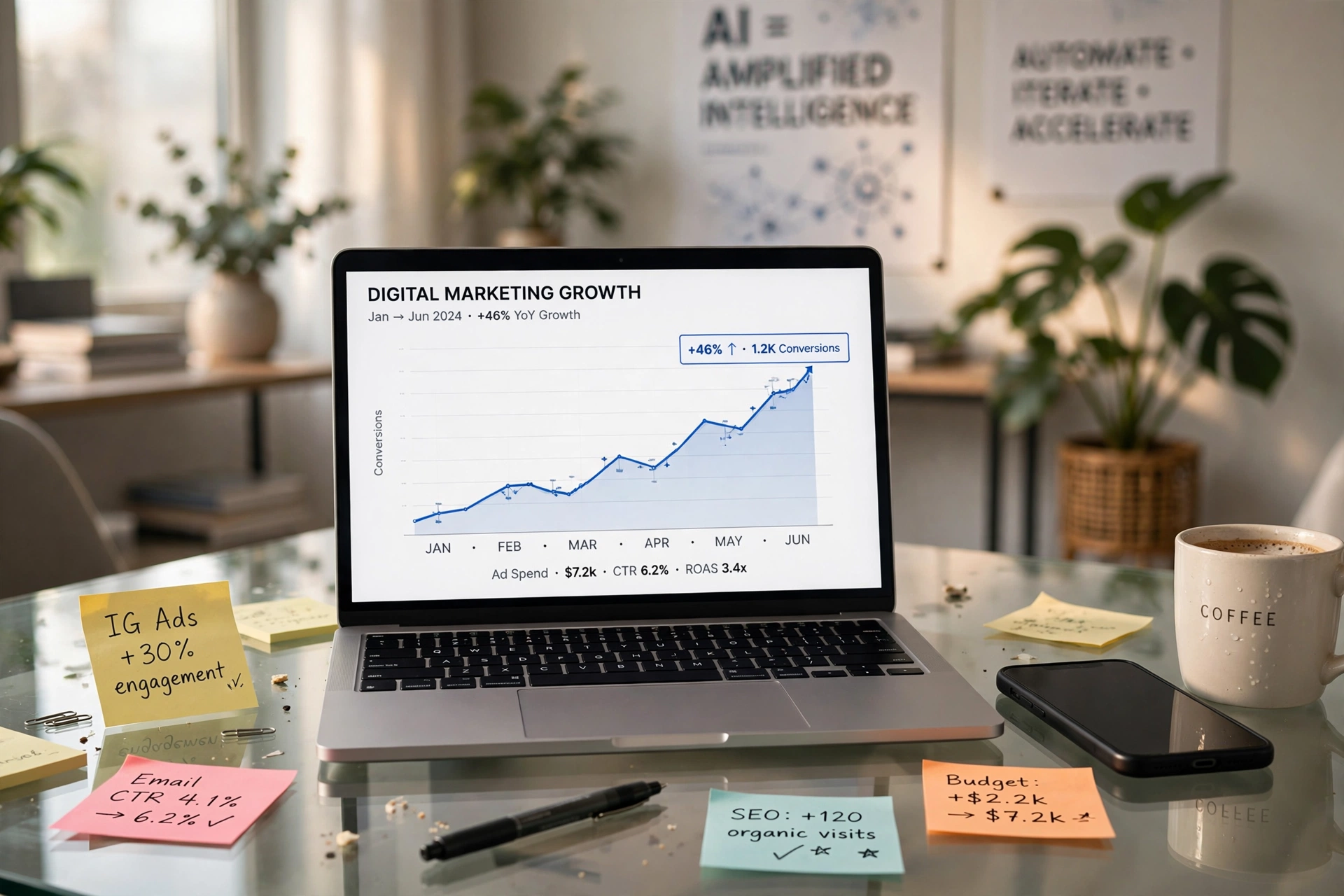 Gráfico de crescimento de marketing digital em escritório moderno