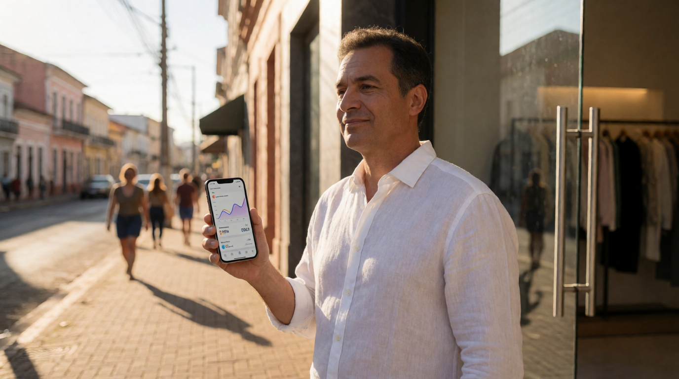 Dono de negócio em Juiz de Fora analisando métricas no celular