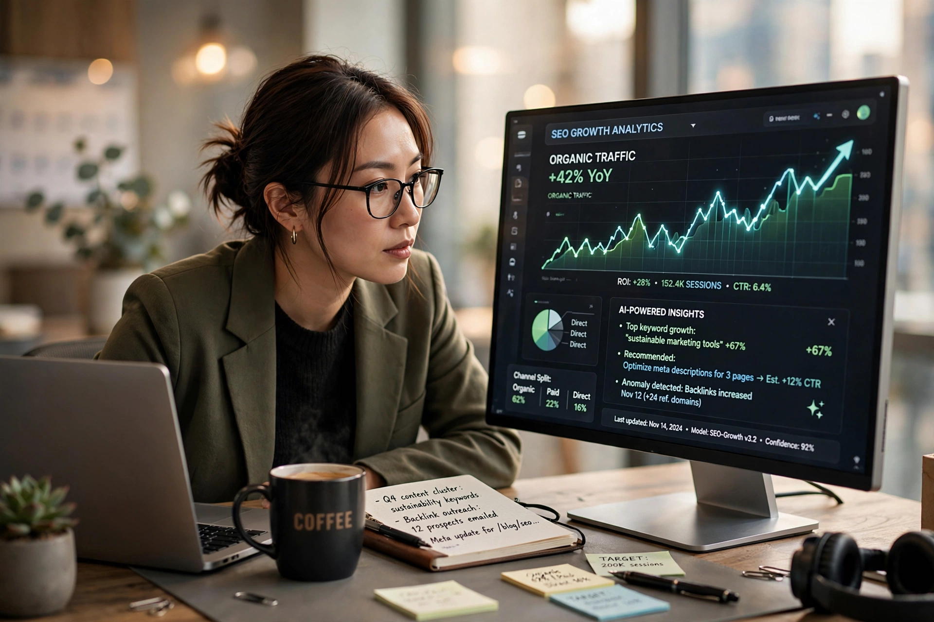 Especialista em SEO analisando gráfico de crescimento de ROI orgânico