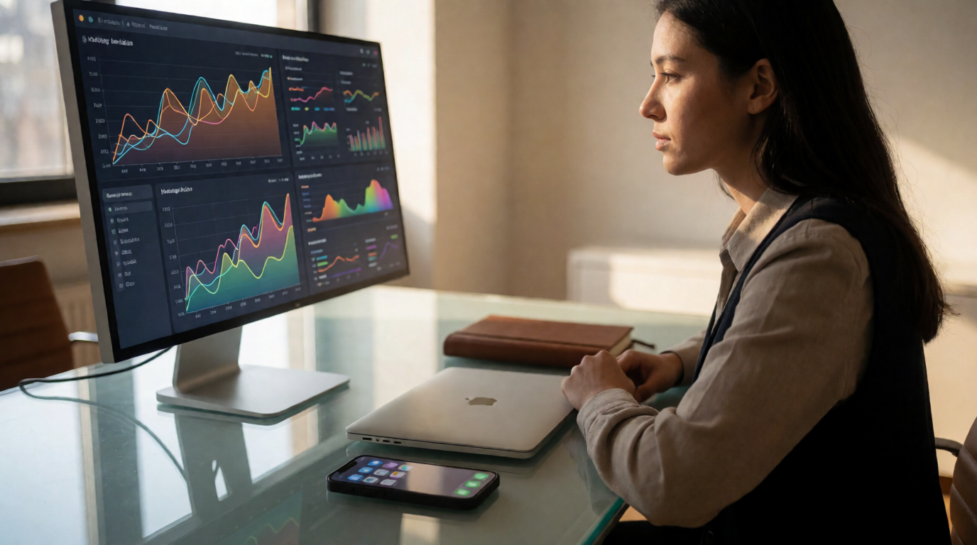 Analista de marketing digital analisando métricas de tráfego pago
