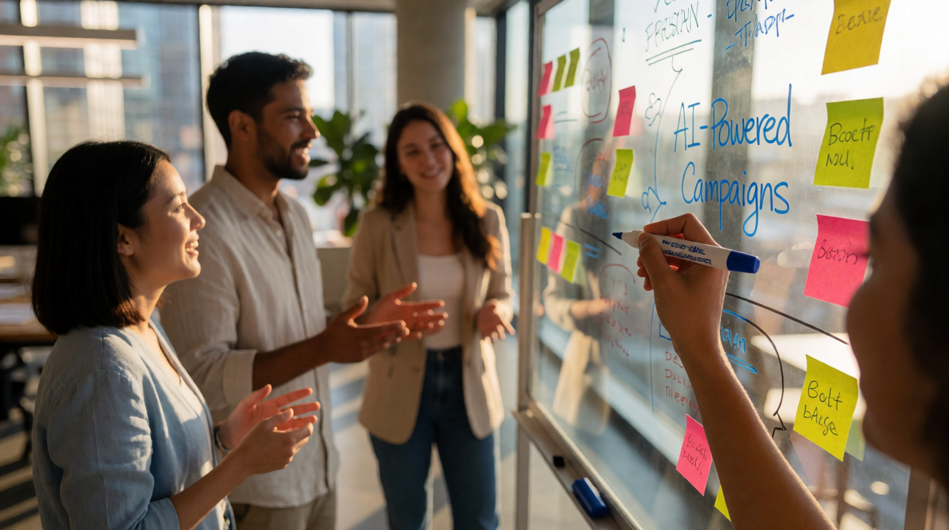Equipe de marketing discutindo títulos de copy em um quadro branco