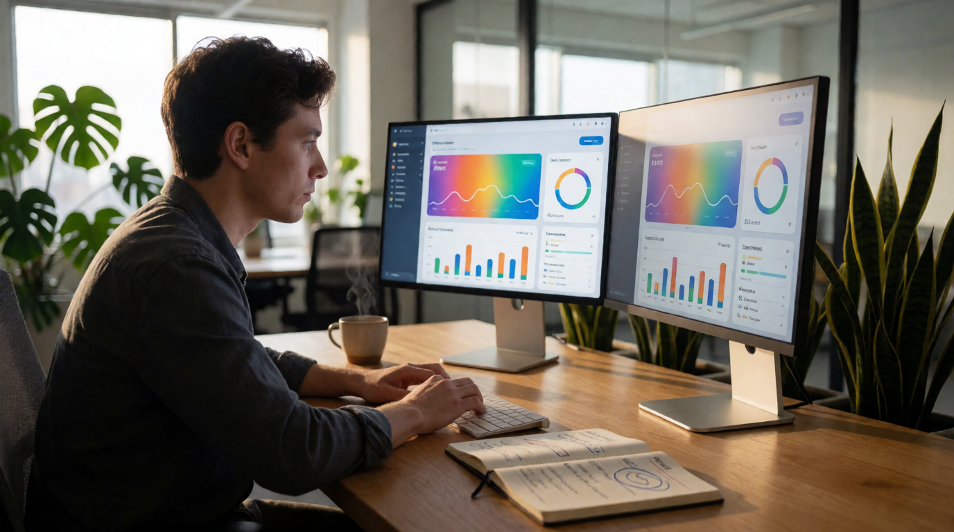 Gestor de tráfego analisando métricas de campanhas em telas de computador