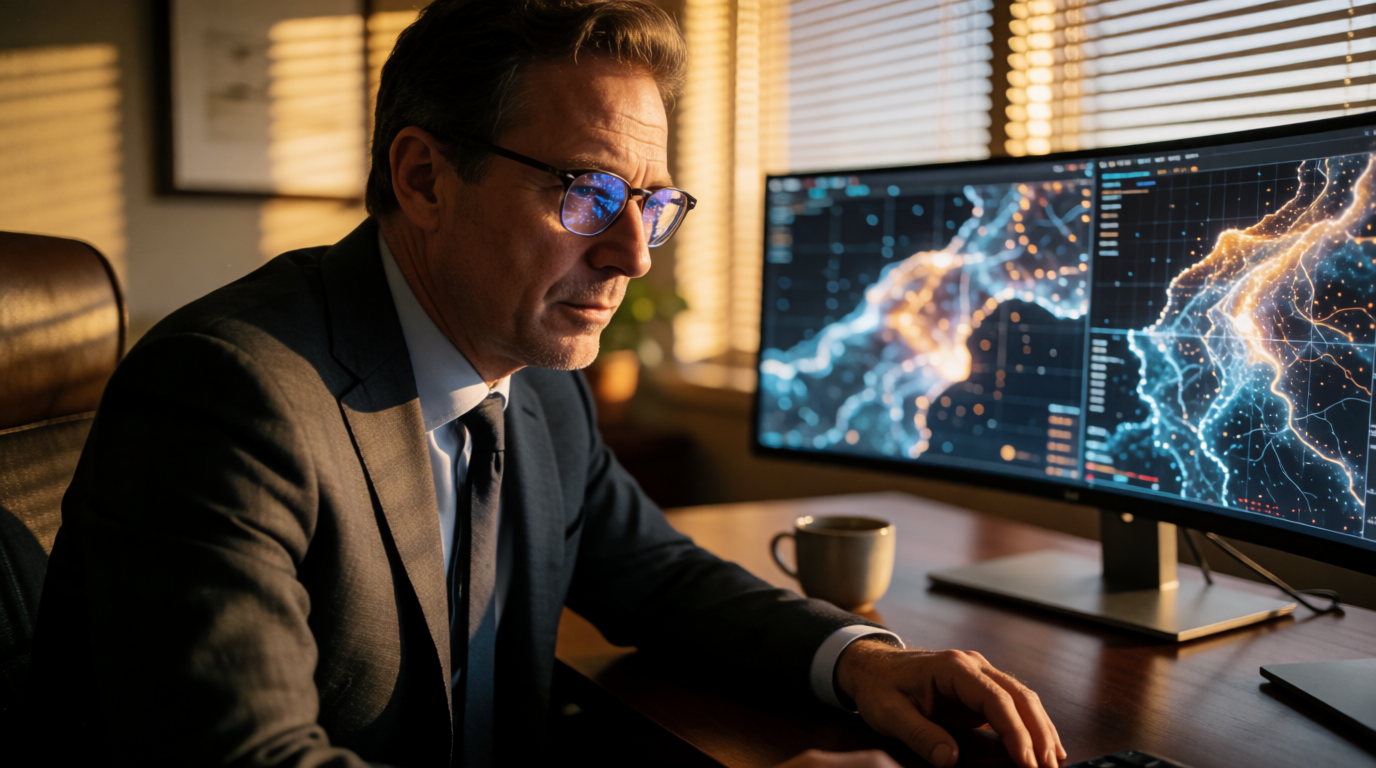 Homem analisando mapas digitais em escritório