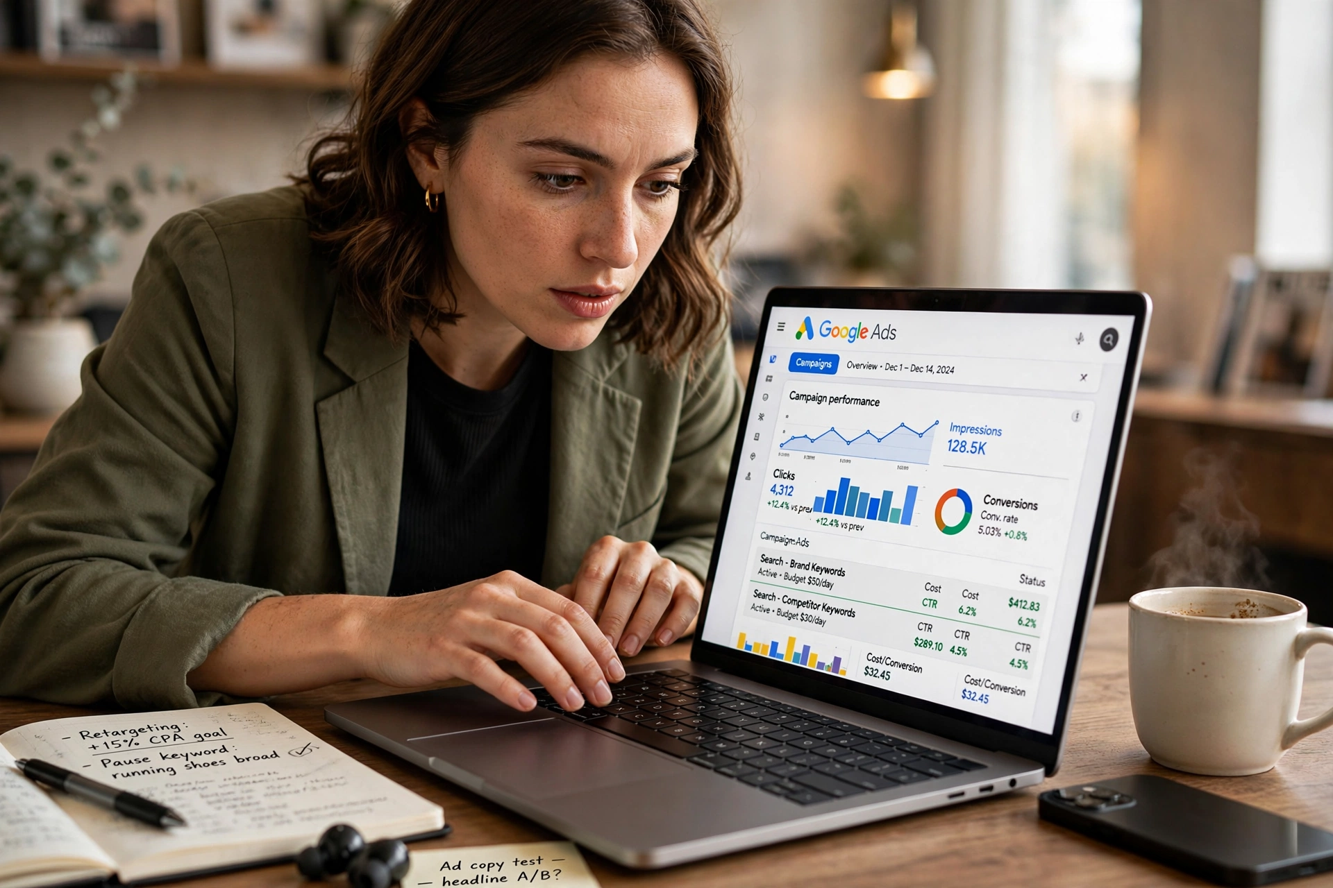 Especialista em marketing digital analisando painel de Google Ads
