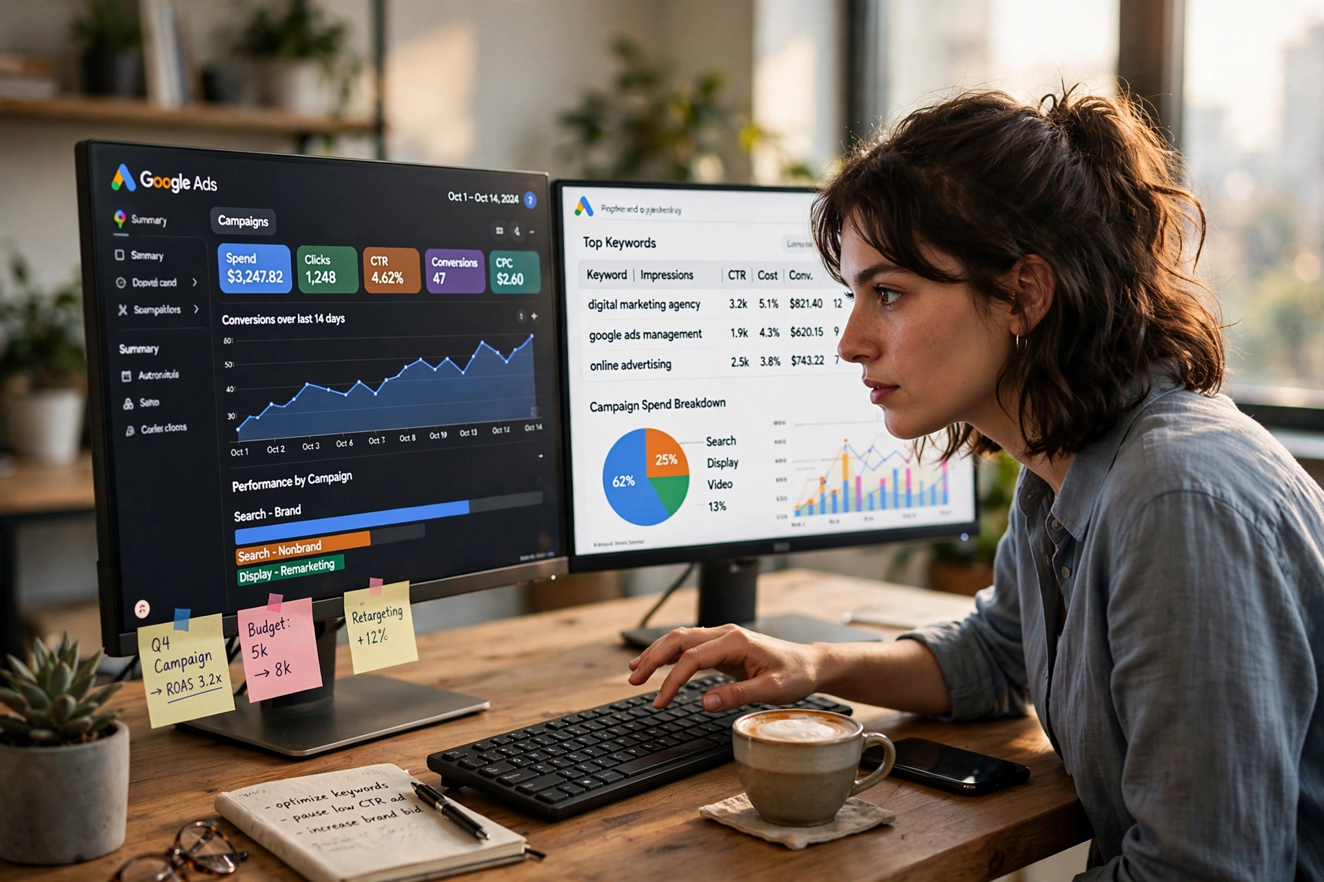 Especialista em marketing digital analisando painel do Google Ads