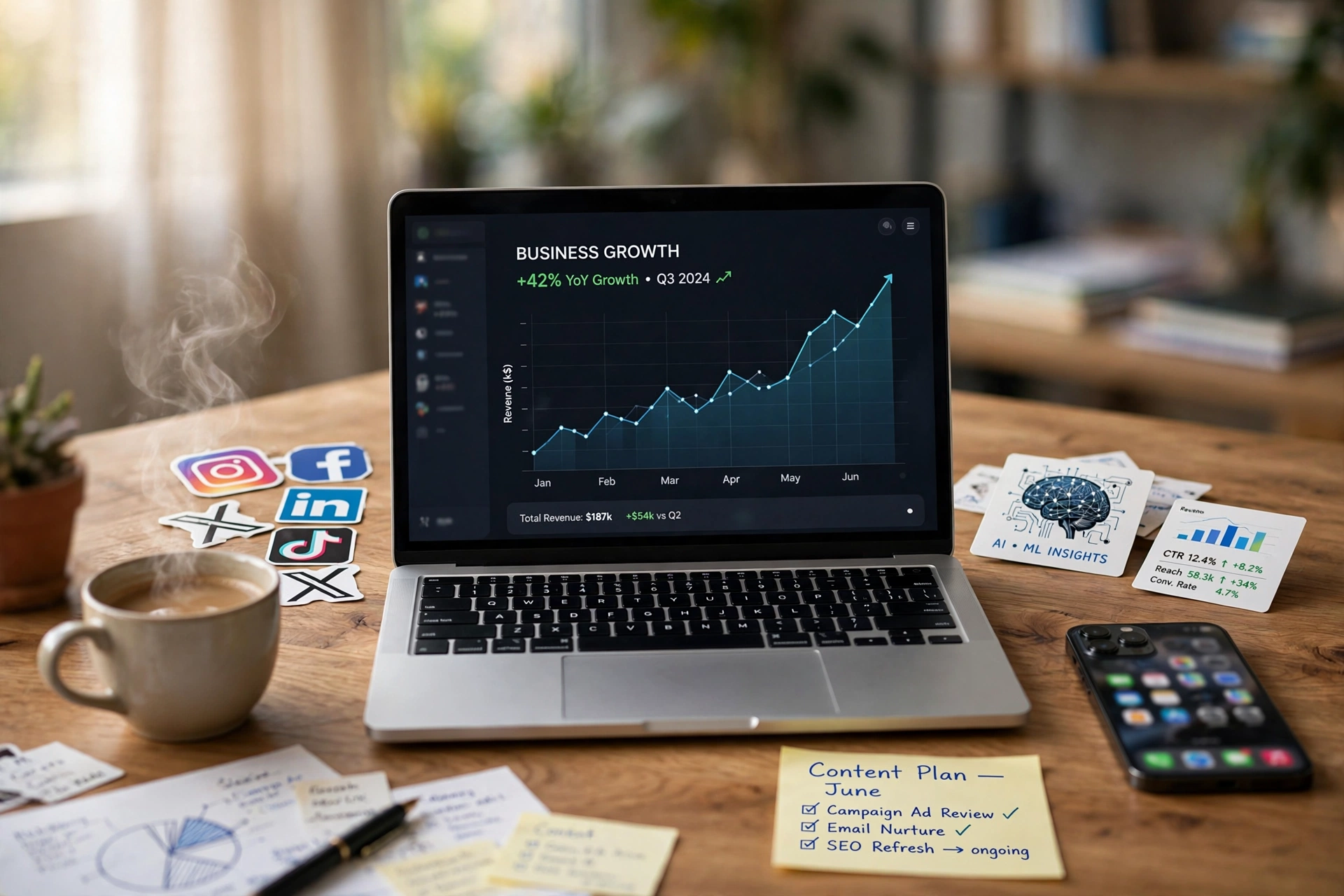 Gráfico de crescimento de negócios com elementos de marketing digital e IA