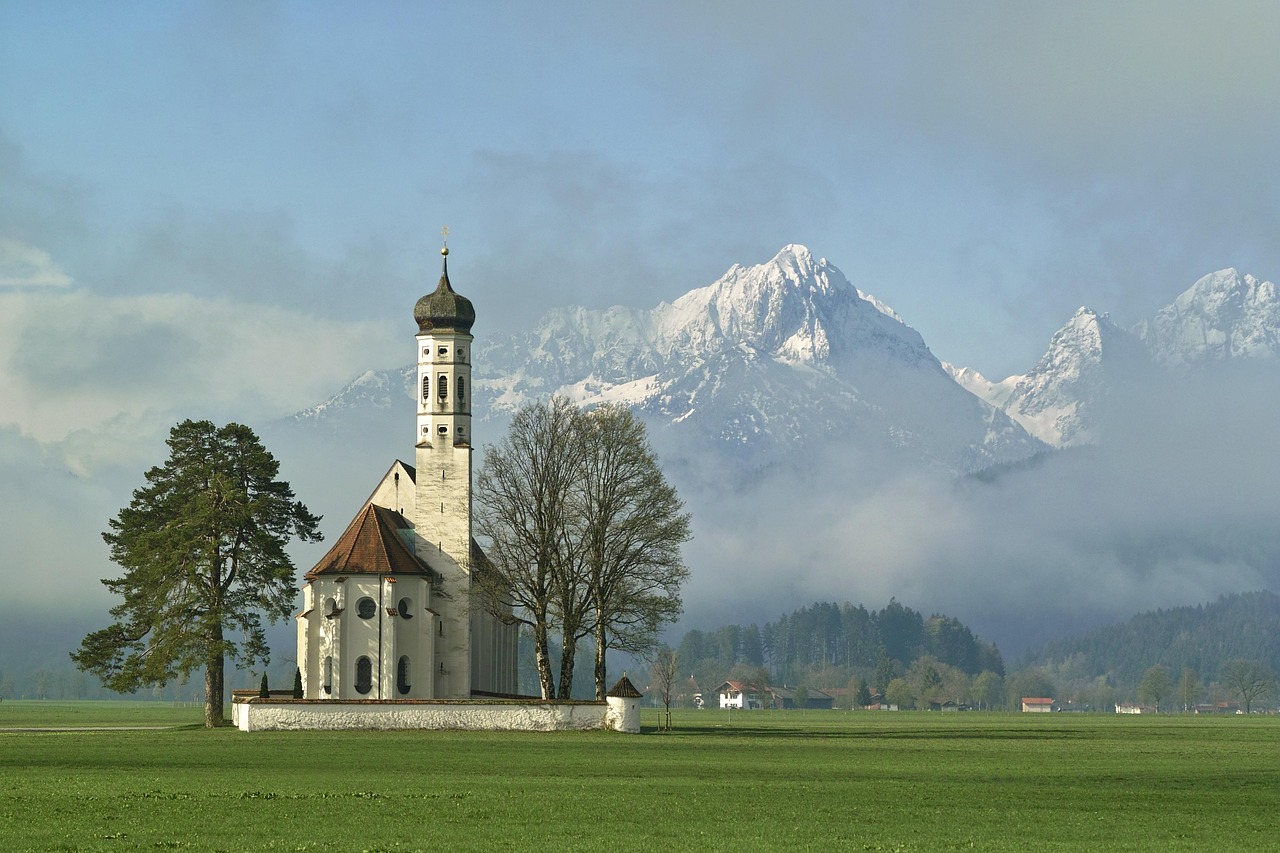 saint coloman, nature, church, architecture, schwangau, spring, mountains, building, church tower, chapel
