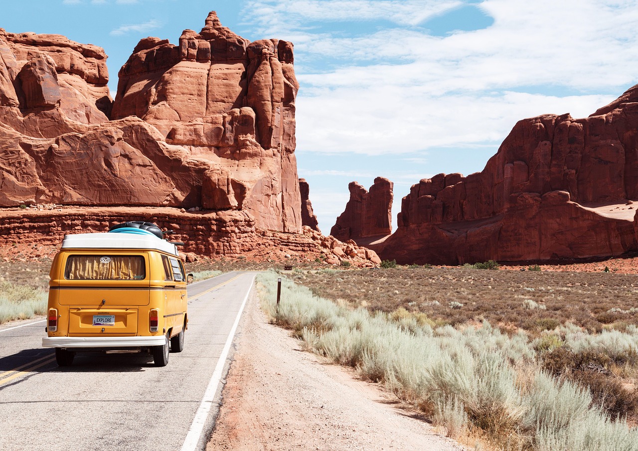 arches national park, van, drive, road trip, journey, desert, arid, canyon, colorado, daylight, nature, erosion, geology, landscape, mountains, outdoors, road, rocky, sandstone, scenic, tourism, travel, vacation, valley, monument valley, rock formations